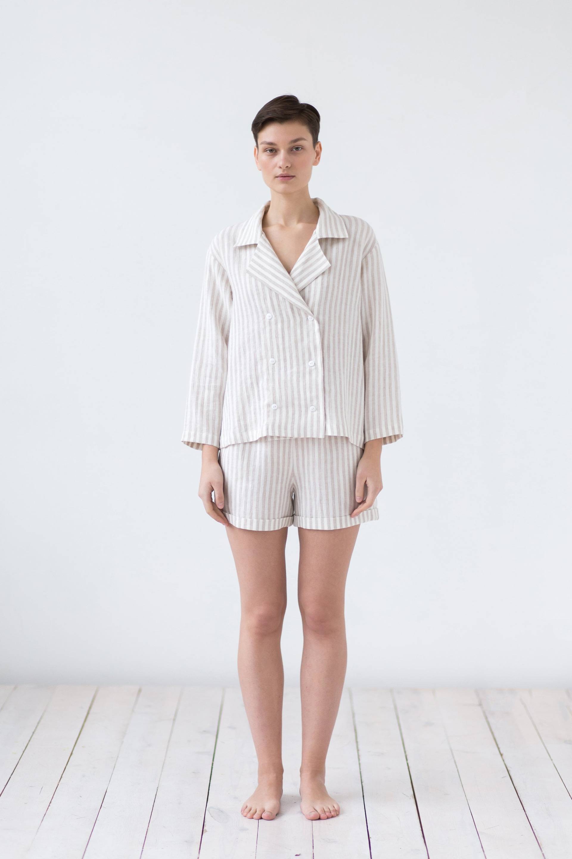 Leinen Top Beige Gestreiftes Langarm Hemd von ManInTheStudio