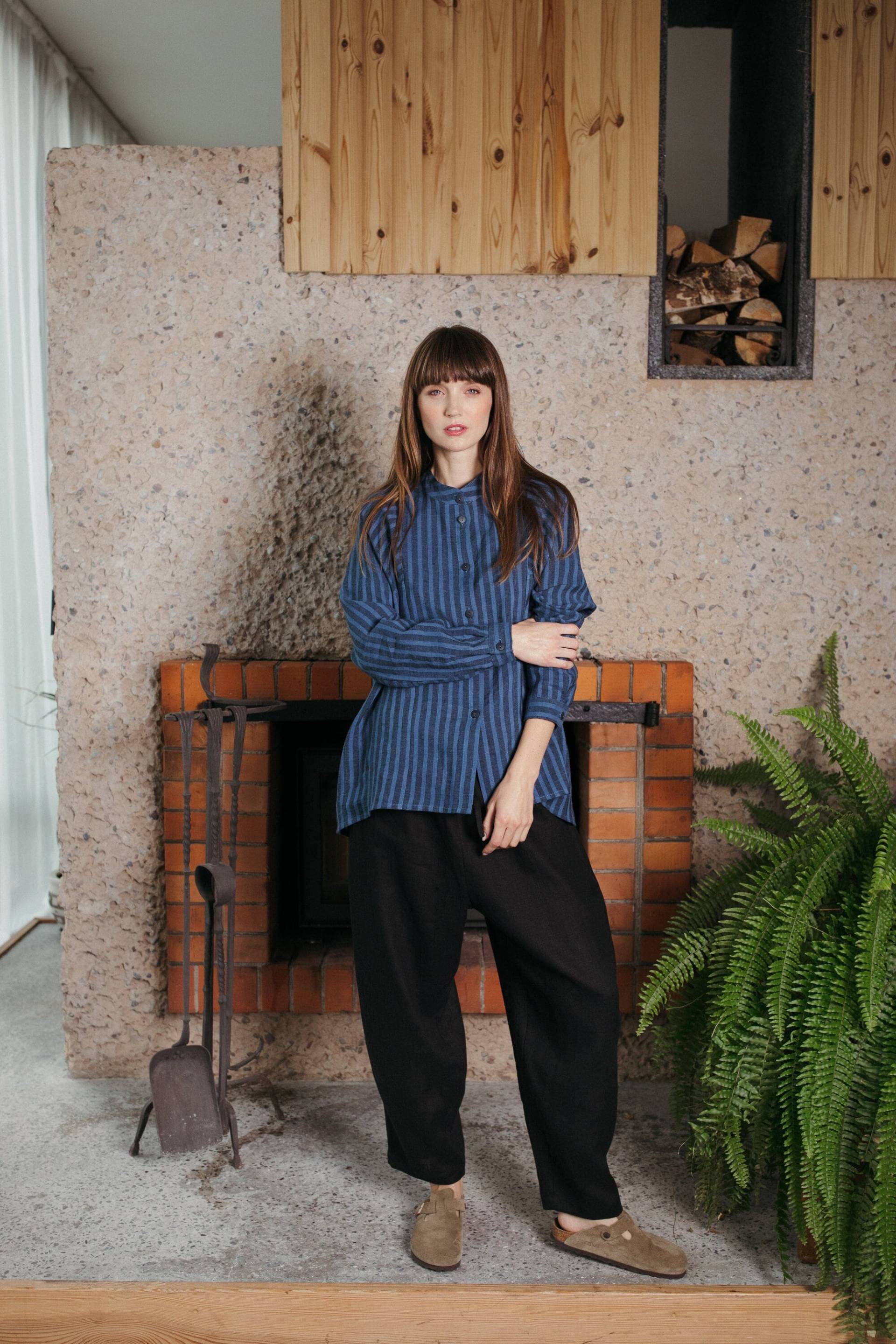 Versandfertig/Kontraststreifen Leinenhemd Mit Stehkragen Lockeres Lässiges von ManInTheStudio