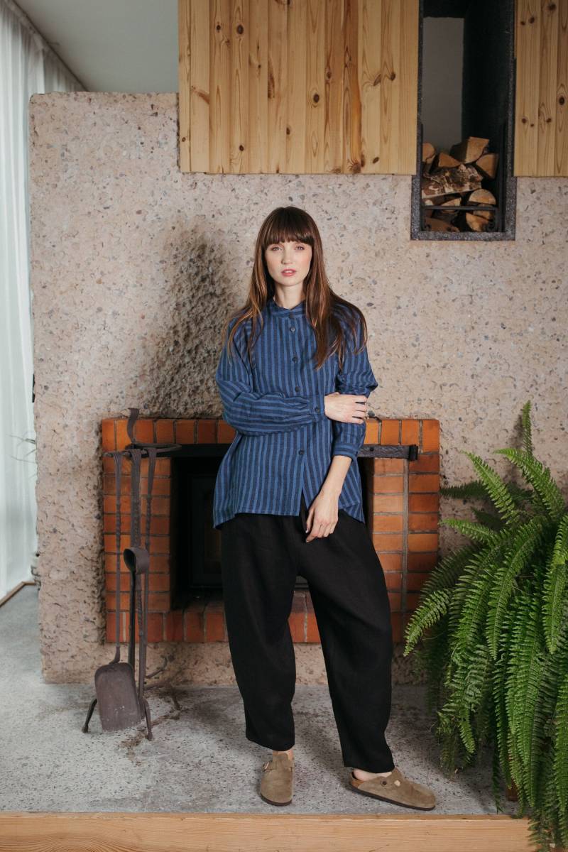 Versandfertig/Kontraststreifen Leinenhemd Mit Stehkragen Lockeres Lässiges von ManInTheStudio