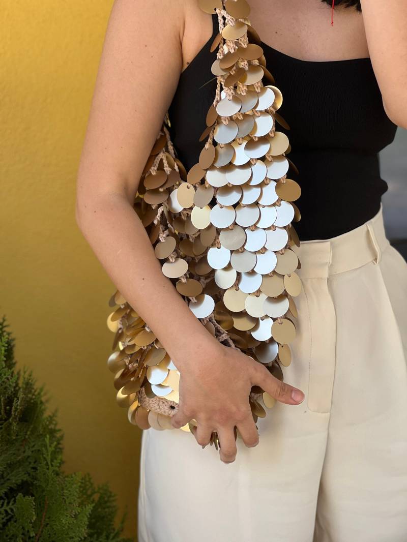 Metallic Gold Schultertasche Handgemachte Sparkle Slouchy Bag von ManaHandKnit