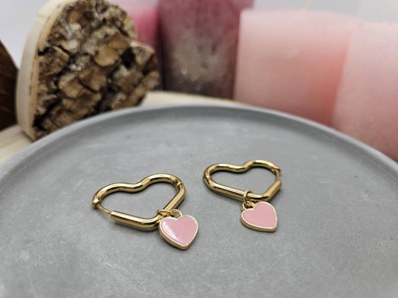 Herz Ohrringe Aus Gold & Emaille - Handgefertigter Schmuck | Rosa Für Damen Geschenkidee von ManaLenaShop