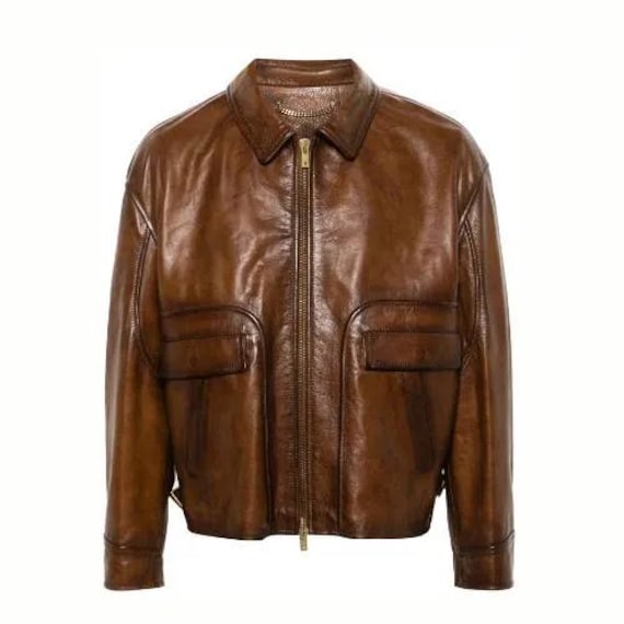 Golden Goose Men's Tobacco Brown Waxed Leather Jacket | Luxurious Craftsmanship, Stylish Zip-Up Design, Perfect Layering Piece von ManaalStudio