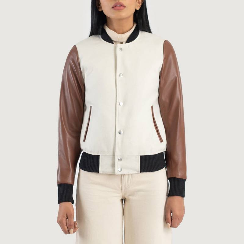 Women's Hybrid Varsity Jacket With Sheepskin Leather Sleeves & Synthetic Wool Torso - White & Brown Plush Outerwear Women's Hybrid Varsity Jacket With Sheepskin Leather Sleeves & Synthetic Wool Torso - White & Brown Plush Outerwear von ManaalStudio