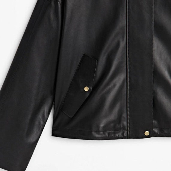 Women's Nappa Leather Jacket With Gold Colored Snap Fasteners. Black Jacket von ManaalStudio