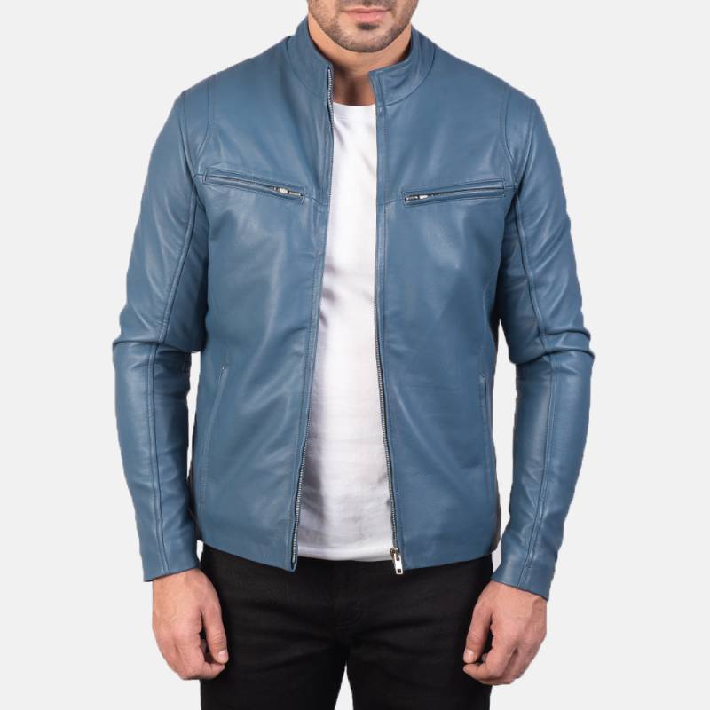 stylish Men's Ionic Blue Leather Biker Jacket Crafted From Sheepskin With Semi-Aniline Finish, Quilted Viscose Lining. Sheep Skin von ManaalStudio