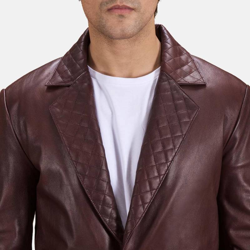 Vintage Maroon Leather Blazer With Notch Collar & Button Closure von ManaalStudio