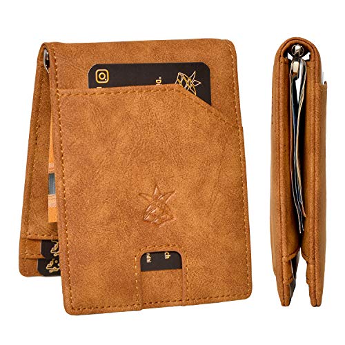 MANACI Slim Wallet Geldbörse mit Münzfach und Geldklammer + 100% veganes Material mit RFID Schutz - Forrest Brown + Mono-Kartenhalter fürs Smartphone von Manaci