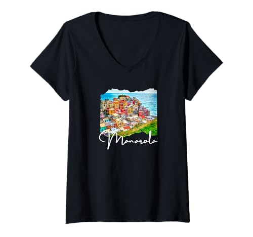 Damen Italien Manarola Souvenir/Manarola T-Shirt mit V-Ausschnitt von Manarola Italien Souvenir Store