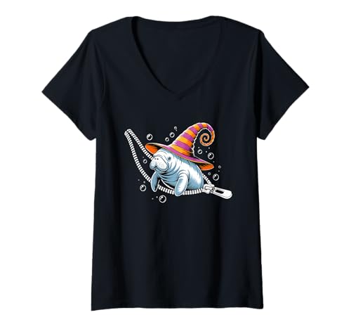 Damen Seekuh Halloween Schwangerschaft Kostüm Hexe Frauen Humor T-Shirt mit V-Ausschnitt Damen Seekuh Halloween Schwangerschaft Kostüm Hexe Frauen Humor T-Shirt mit V-Ausschnitt von Manatee Emerging from A Zipper Costume Women Men
