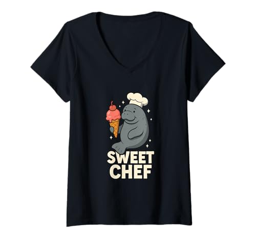 Damen Sweet Chef Seekuh hält EIS T-Shirt mit V-Ausschnitt Damen Sweet Chef Seekuh hält EIS T-Shirt mit V-Ausschnitt von Manatee Humor Ice Cream and Food Apparel