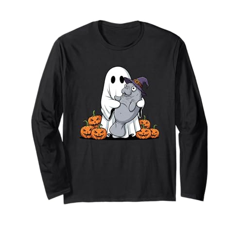 Lustiger Geist Seekuh Kürbis Halloween Kinder Herren Damen Langarmshirt von Manatee Lovers Cute Halloween Outfits for Boy Girl