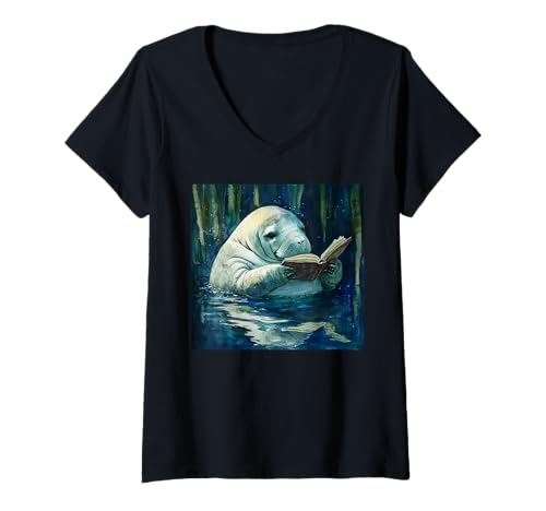 Damen Niedliches Seekuh Lesebuch Bücherwurm Leser Seekuh Liebhaber T-Shirt mit V-Ausschnitt von Manatee Reading Book Bookworm Manatee Lover