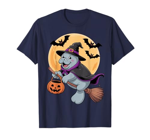 Cute Manatee Witch Flying Broom Funny Halloween Pumpkin Kids T-Shirt von Manatee Witch Magic Broom Spooky Halloween Party
