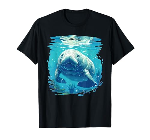 Manatis Manati Tier Shop - Damen Unisex-Kinder T-Shirt Schwarz Klassisch Cartoon Manati Tier T-Shirt S EU Klein U-Ausschnitt Kurzarm von Manatis Manati Tier Shop