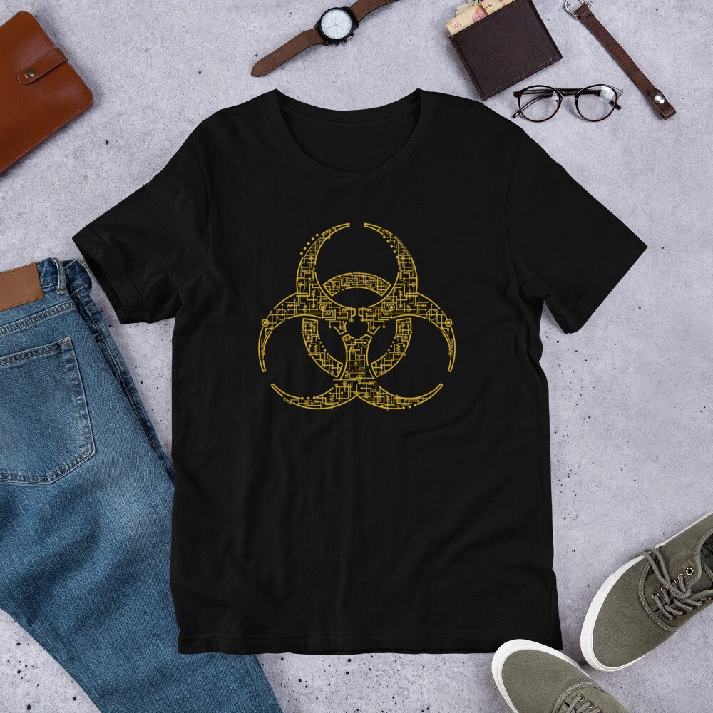 Bedruckte Circuit Board Software Programmierer Geometric Biohazard Sign Silicone Valley Unisex Cotton T-Shirt von ManbirdDesign
