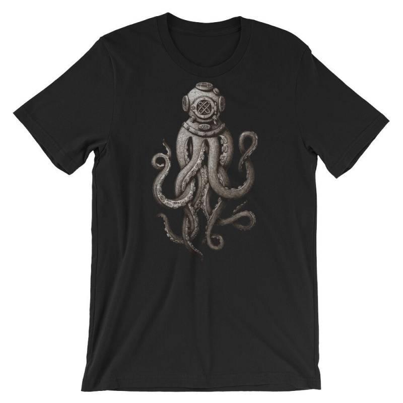 Riesenkrake Tauchen Scuba Taucher Kraken Cthulhu Tiefsee Helm Kurzarm Unisex T-Shirt von ManbirdDesign
