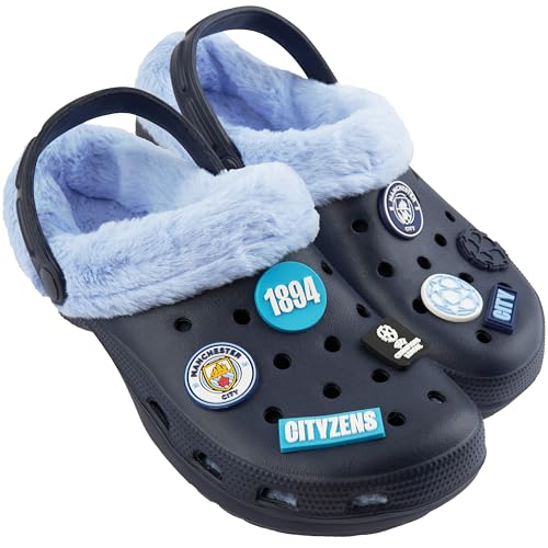 MANCHESTER CITY F.C. Clogs Herren Winter-Fleece-Futter und abnehmbare Charms, Gartenschuhe, Schlupfriemen, Geschenke für Herren, blau, 44 EU von Manchester City FC