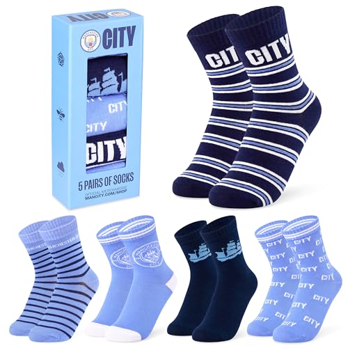 Manchester City FC Bunte Socken Kinder, Jungen Fussball Socken mit Motiv 5er-Pack (Blau, 9-13 Jahre, 36-40 EU) von Manchester City FC