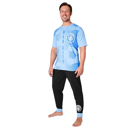 Manchester City Schlafanzug Herren Lang, Pyjama Set T-Shirt & Lange Pyjama Hose (Blau/Schwarz, 2XL) von Manchester City FC