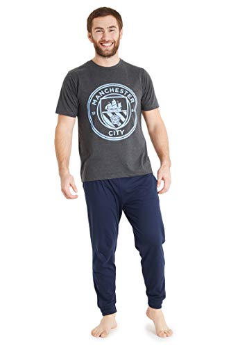 Manchester City Schlafanzug Herren Lang, Pyjama Set T-Shirt & Lange Schlafhose (Grau, XL) von Manchester City FC