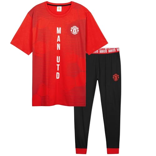 Manchester United Schlafanzug Herren Lang, Pyjama Set T-Shirt & Pyjama Hose Lang mit Seitentaschen (Rot/Schwarz, S) von Manchester United