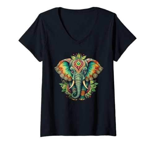 Damen Mandala Blumen Design Elefant T-Shirt mit V-Ausschnitt Damen Mandala Blumen Design Elefant T-Shirt mit V-Ausschnitt von Mandala Design and More