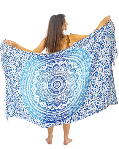 Blauer Strandtuch Mandala Mit Fringe Hochwertiger Rayon Groß Strand Pareo Sarong Damen Wickeltuch Wickelrock Strandrock Tapisserie Wickeltuch Bikini Cover Up Tragen Über Badeanzügen von Mandala Life ART
