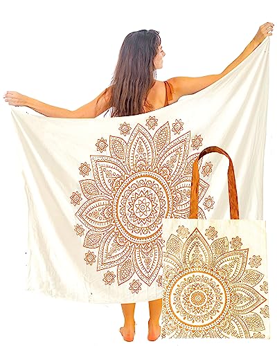 Goldener Mandala Pareo Damen Strand XXL Baumwolle Mit Mandala-Einkaufstasche Groß Strand Pareo Strandtuch Wickeltuch Wickelrock Strandrock Tapisserie Wickeltuch Bikini Cover Up Tuch Für Badeanzug von Mandala Life ART