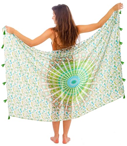 Pareo Strandtuch Baumwolle Groß Strand Sarong Damen Blockdruck Naturfarbstoff Wickeltuch Wickelrock Strandrock Tapisserie Wickeltuch Bikini Cover Up Tragen Über Badeanzügen von Mandala Life ART