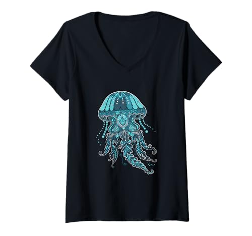 Damen Mandala Medusa Qualle T-Shirt mit V-Ausschnitt Damen Mandala Medusa Qualle T-Shirt mit V-Ausschnitt von Mandala Meerestiere