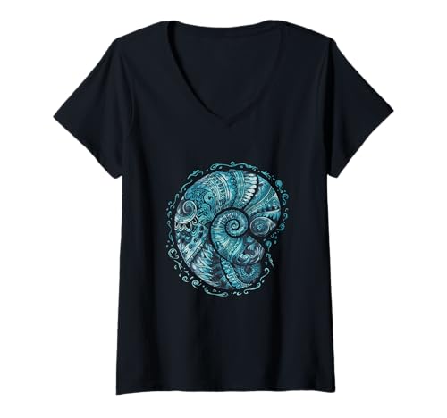 Damen Mandala Muschel T-Shirt mit V-Ausschnitt von Mandala Meerestiere