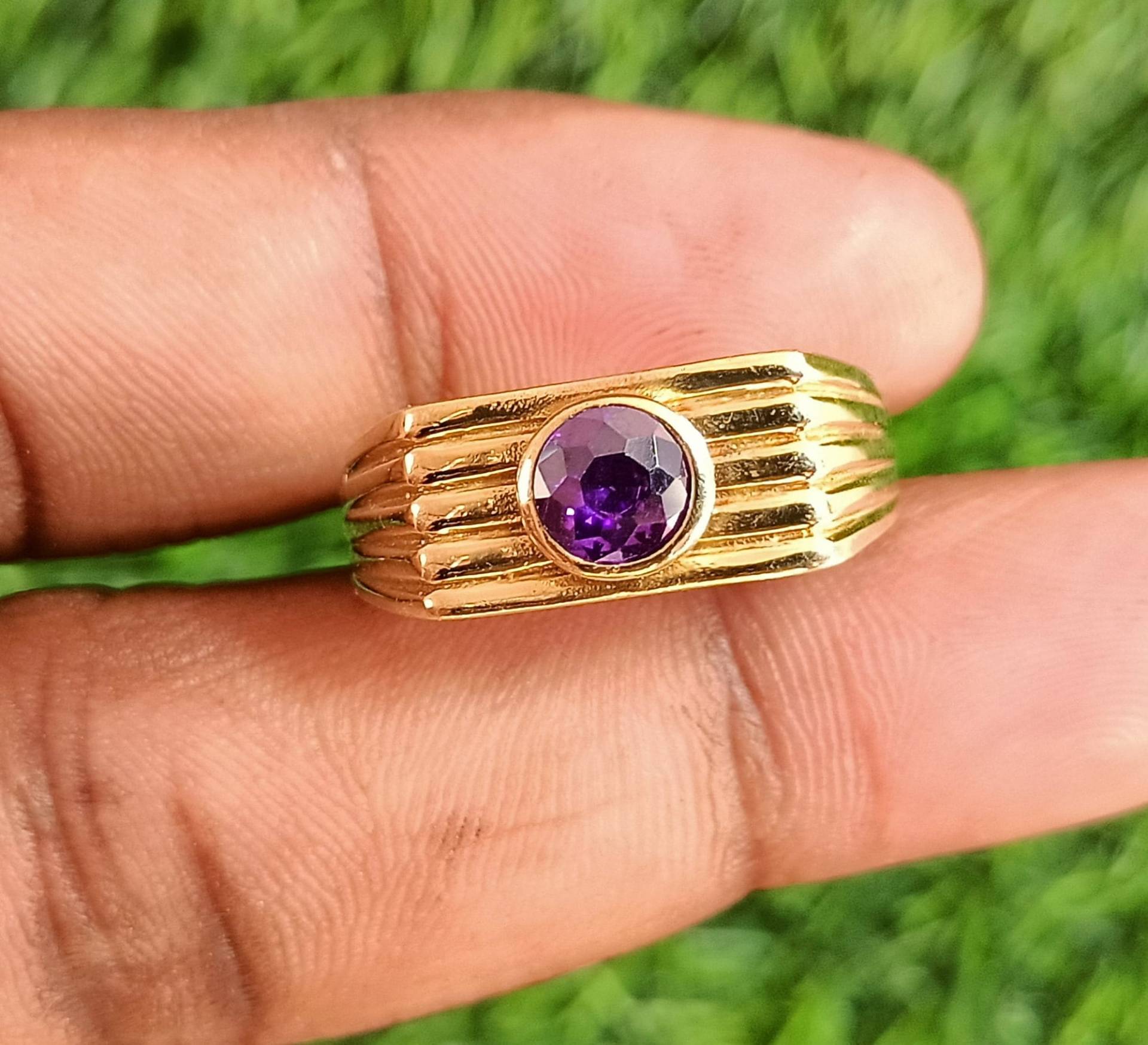 Amethyst Vintage Design Ring, Vergoldeter Ring Boho Silber Dreifach Stein Herren 10 Us von Mandaljewelryshop