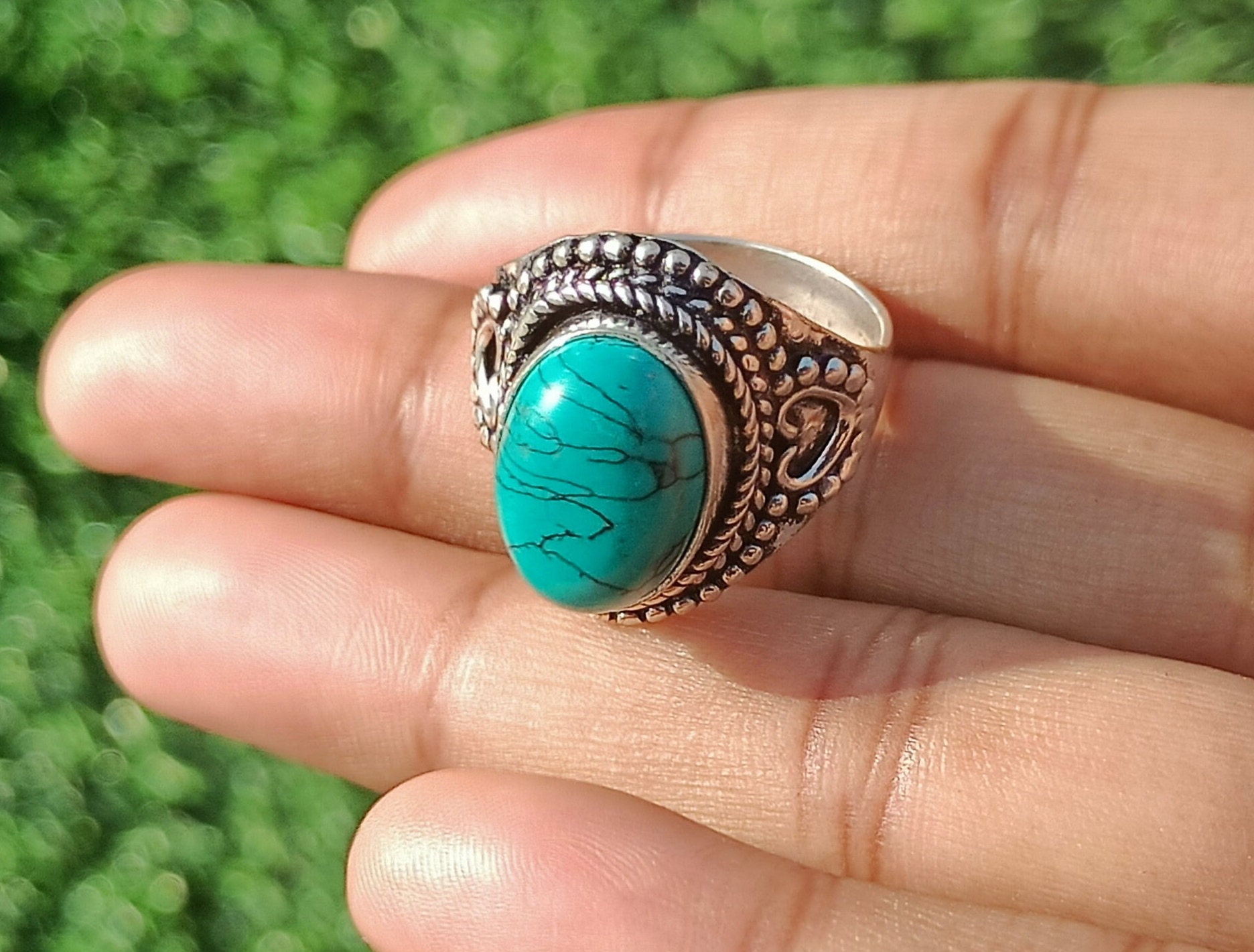 Boho 92.5 Versilberter Türkis Vintage Design Ring, Statement Stapelbarer Frauen Schmuck von Mandaljewelryshop