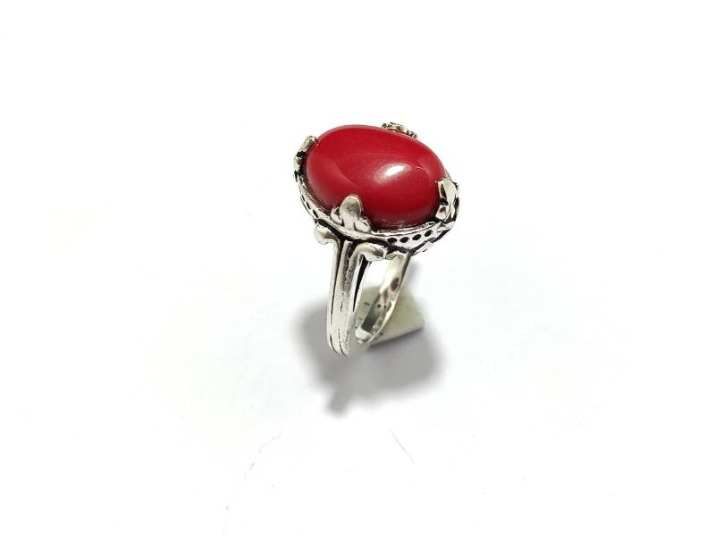 Handgemachter Vintage Design Korallen Edelstein Ring, Roter Boho Koralle Silber Ring von Mandaljewelryshop
