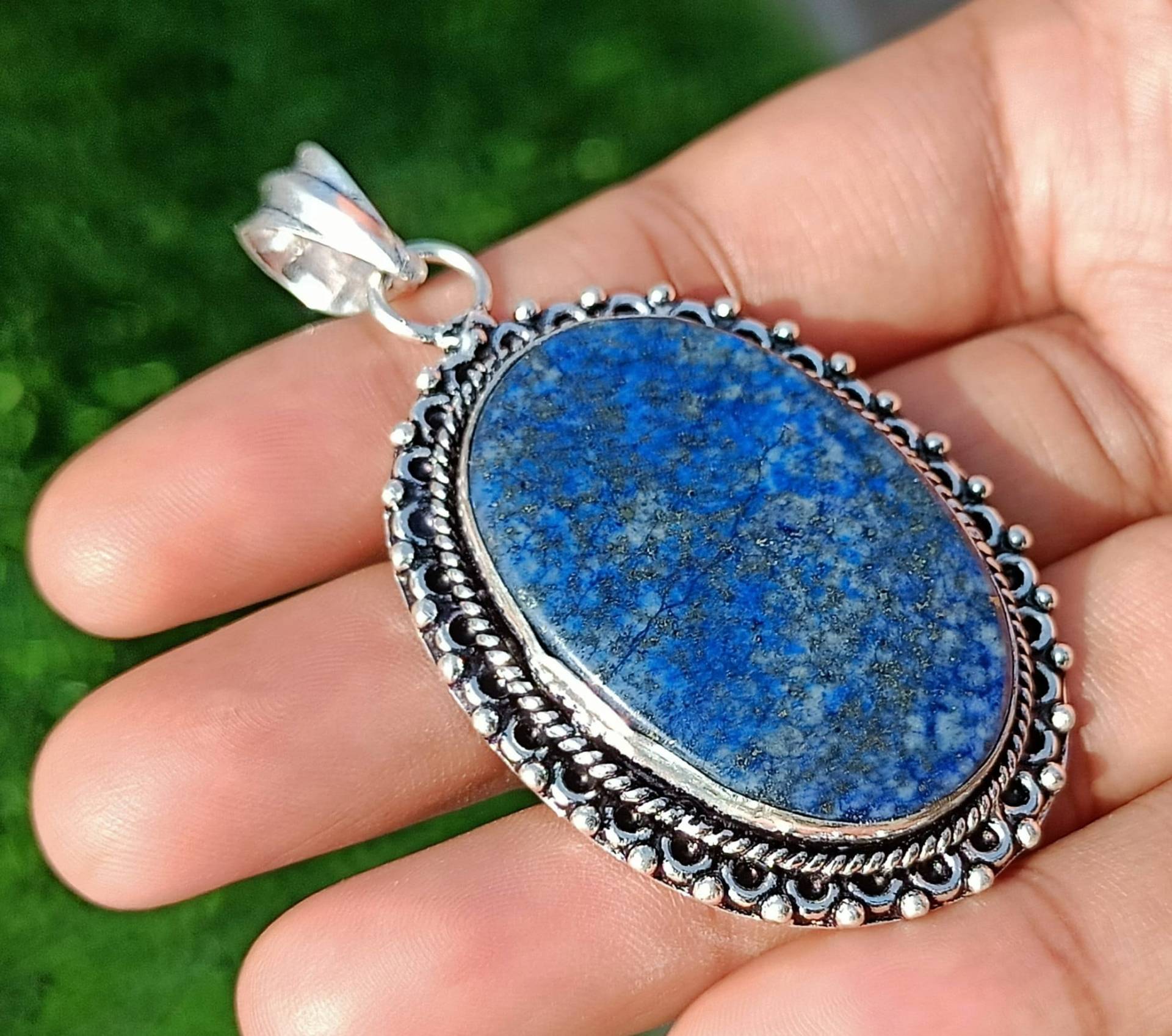 Natürliche Lapis Lazuli Anhänger Halskette, Oval Cut Silber Überzogener Anhänger, Boho Für Frauen von Mandaljewelryshop