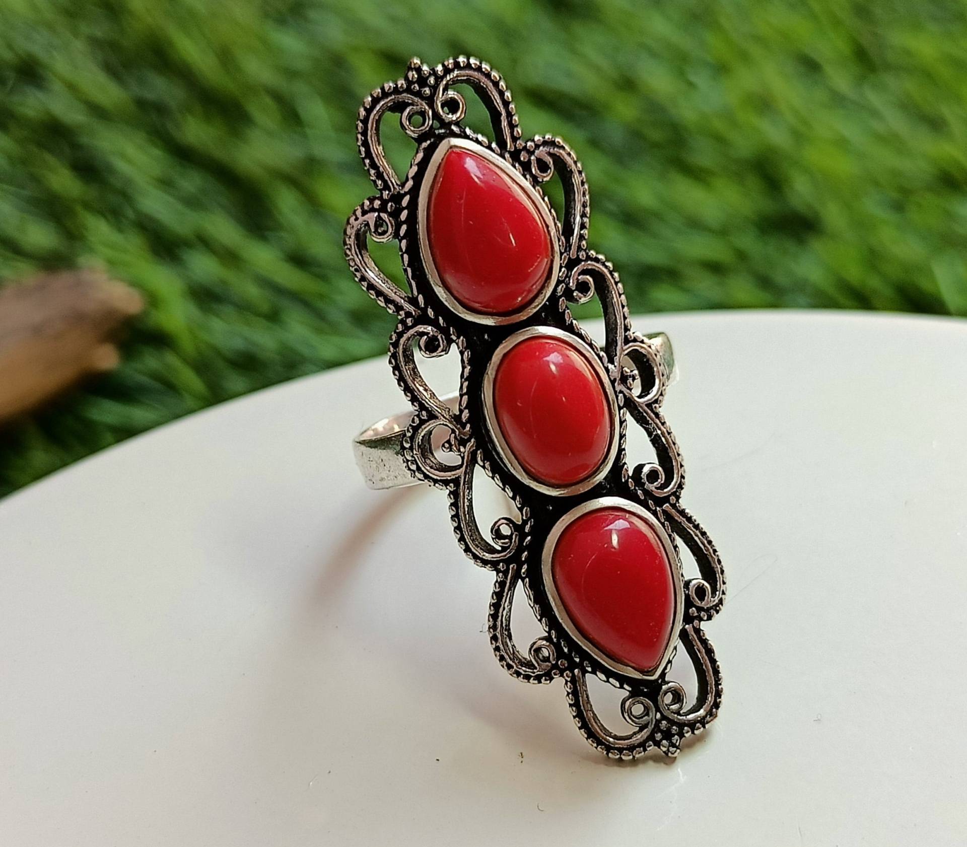 Roter Korallen Designer Ring, Neuestes Design Roter Statement Eheringe von Mandaljewelryshop
