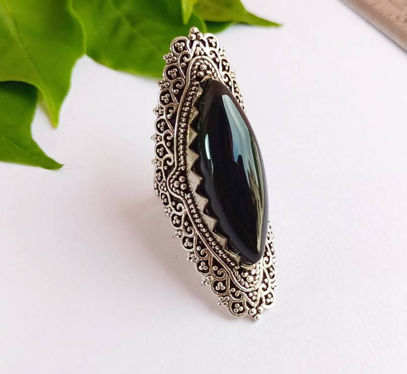 Vintage Boho 92.5 Versilberter Schwarzer Onyx Statement Ring, Damen Ring Für Sie von Mandaljewelryshop