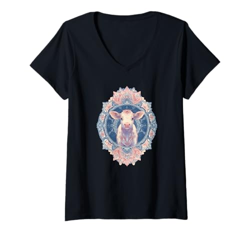 Damen Niedliches, Bezauberndes majestätisches Rinder-Mandala – Kuh – T-Shirt mit V-Ausschnitt von Mandanimals Gear
