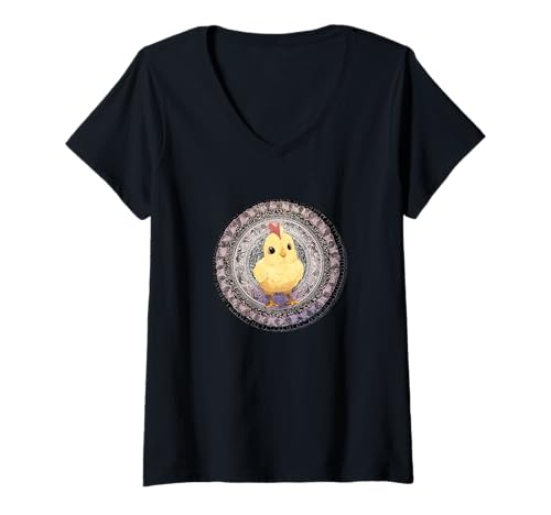 Damen Niedliches entzückendes Küken-Huhn-Mandala T-Shirt mit V-Ausschnitt von Mandanimals Gear