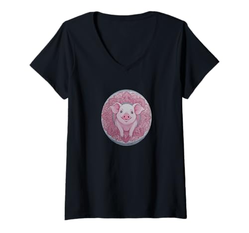 Damen Niedliches entzückendes Schweinchen Schweinchen Ferkel mit Mandala T-Shirt mit V-Ausschnitt von Mandanimals Gear