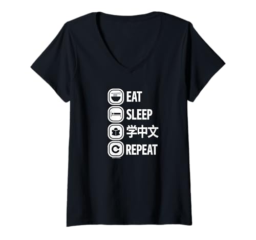 Damen Eat Study Chinese Sleep Repeat Mandarine Companion T-Shirt mit V-Ausschnitt Damen Eat Study Chinese Sleep Repeat Mandarine Companion T-Shirt mit V-Ausschnitt von Mandarin Companion
