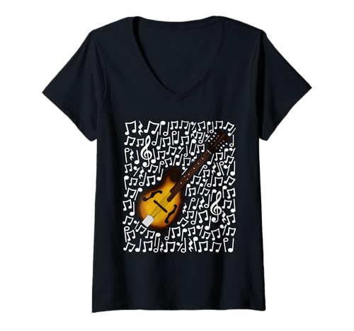 Damen Mandoline Musiknoten Mandolinenspieler Volksmusiker T-Shirt mit V-Ausschnitt Damen Mandoline Musiknoten Mandolinenspieler Volksmusiker T-Shirt mit V-Ausschnitt von Mandolin Teacher Mandolinist Musician By DoodleRob