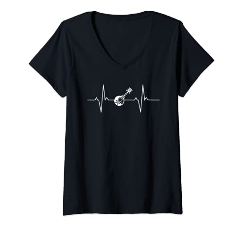 Damen Mandolin lifeline heartbeat mandolin player T-Shirt mit V-Ausschnitt von Mandolinenhemden - String Instruments Apparel