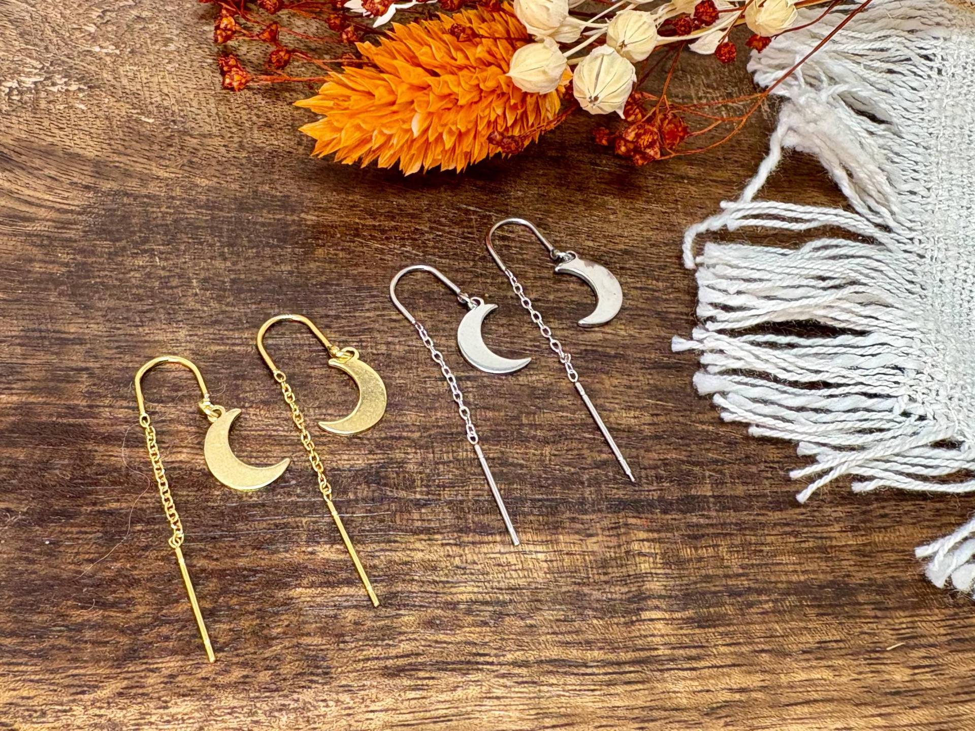 Fädelohrringe Mond, Halbmond, Zierliche Ohrringe, Bohemian Boho Schmuck, Durchziehohrringe, Einfädler, Edelstahl 18K Vergoldet von MandragoraManvfctry
