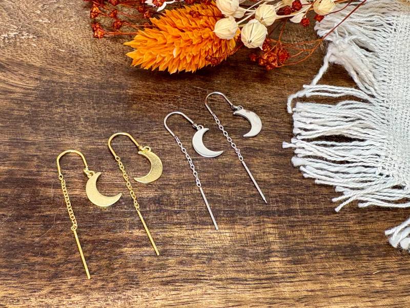 Fädelohrringe Mond, Halbmond, Zierliche Ohrringe, Bohemian Boho Schmuck, Durchziehohrringe, Einfädler, Edelstahl 18K Vergoldet von MandragoraManvfctry