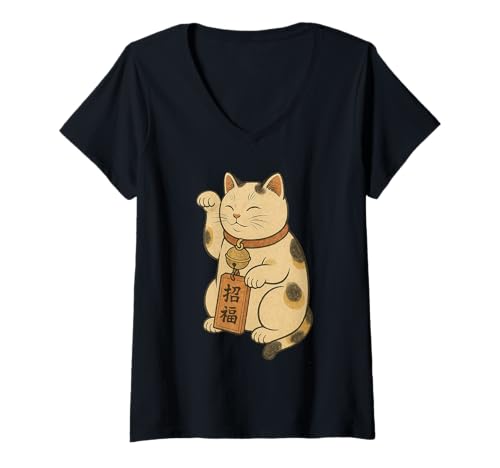 Damen Japanese Lucky Cat Maneki-Neko, Ukiyo-E Cat with Raised Arm T-Shirt mit V-Ausschnitt Damen Japanese Lucky Cat Maneki-Neko, Ukiyo-E Cat with Raised Arm T-Shirt mit V-Ausschnitt von Maneki-Neko Lucky Cat Ukiyo-e