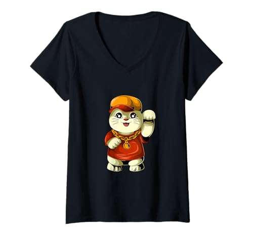 Damen Glückskatze Maneki Neko Kawaii Japanische Katze T-Shirt mit V-Ausschnitt Damen Glückskatze Maneki Neko Kawaii Japanische Katze T-Shirt mit V-Ausschnitt von Maneki Neko T-Shirt Frau