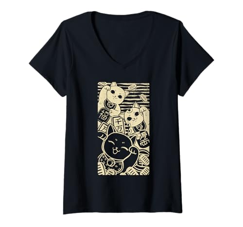 Damen Maneki Neko - glückliche Katzen im japanischen Stil Design T-Shirt mit V-Ausschnitt von Maneki Neko