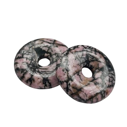 Manekieko 2Pcs Rhodonit Polierte Kristall Amulett Frieden Kreis Donut Stein Perlen Zubehör,Runde Großes Loch 7mm Glücksmünze Amulett Frieden Kreis Heilung Kristall Anhänger von Manekieko