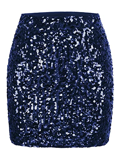 MANER Damen Pailletten Rock Glitzer Stretchy Bodycon Mini Rock Night Out Party, Marineblau, Groß von MANER